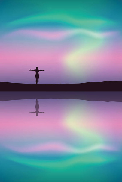 meisje bij het meer bij mooie kleurrijke aurora borealis - Vector, afbeelding