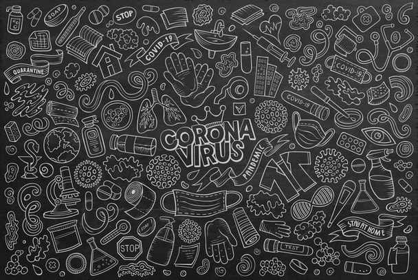 Pizarra vector dibujado a mano doodle conjunto de dibujos animados de elementos tema Cronavirus, objetos y símbolos - Vector, imagen