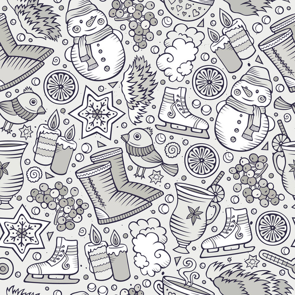 Cartoon cute hand drawn Winter season seamless pattern. Line art detailed, with lots of objects background. Endless funny vector illustration. sketchy backdrop - Vector, Image