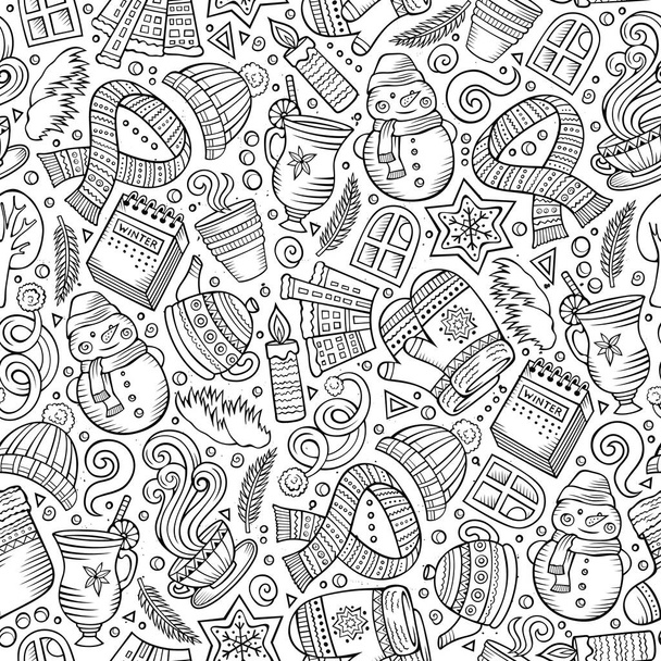 Cartoon cute hand drawn Winter season seamless pattern. Line art detailed, with lots of objects background. Endless funny vector illustration. Sketchy backdrop - Vector, Image