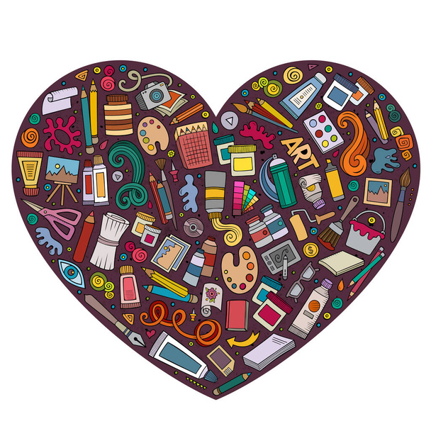 Colorato vettore disegnato a mano serie di Art cartoon doodle oggetti, simboli e oggetti. Composizione della forma cardiaca - Vettoriali, immagini