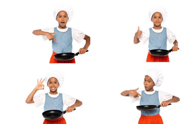 collage van Afrikaanse Amerikaanse kind in kostuum van chef-kok wijzen met de vinger, tonen duim omhoog en ok teken geïsoleerd op wit  - Foto, afbeelding