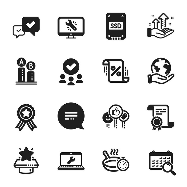 Set of Technology icons, such as Analysis graph, Loan percent. Certificate, approved group, save planet. Monitor repair, Search calendar, Approve. Text message, Like, Winner podium. Vector - Vecteur, image