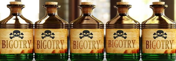 Bigoteria może być jak śmiertelna trucizna - wyobrażona jako słowo Bigoteria na toksycznych butelkach symbolizujących, że Bigoteria może być niezdrowa dla ciała i umysłu, ilustracja 3D - Zdjęcie, obraz