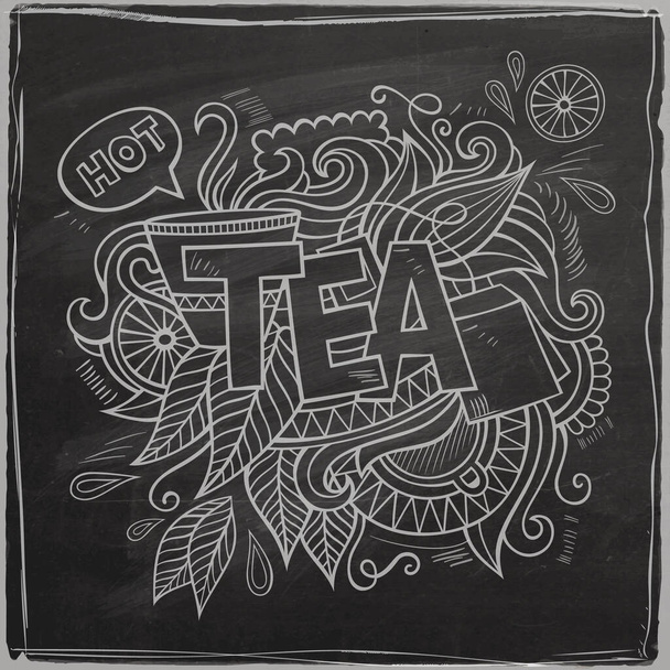 Tea mano lettering e doodles elementi di sfondo sulla lavagna. Illustrazione vettoriale - Vettoriali, immagini