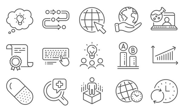 Set of Science icons, such as Internet, Computer keyboard. Diploma, ideas, save planet. Online chemistry, Chart, Time zone. Capsule pill, Ab testing, Energy. Vector - Vektor, kép