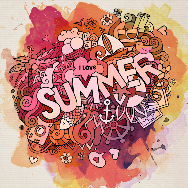Summer watercolor hand lettering and doodles elements. Vector illustration - Vecteur, image