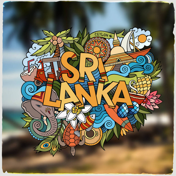 Шри-Ланка ручной надписи и каракули элементы и символы эмблемы. Векторный размытый фон - Вектор,изображение