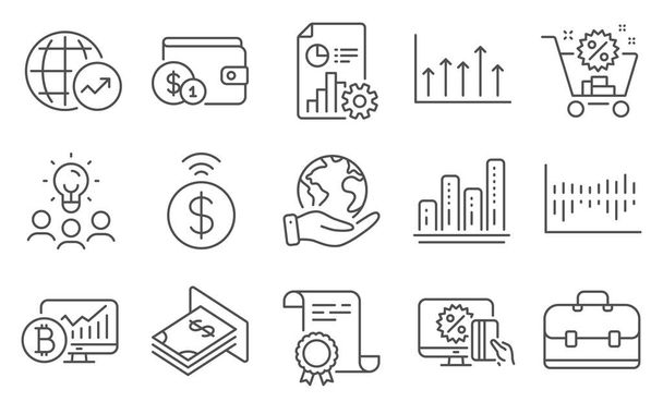 Set of Finance icons, such as Report, Online shopping. Diploma, ideas, save planet. Portfolio, Bitcoin chart, Shopping cart. Graph chart, Buying accessory, Contactless payment. Vector - Вектор,изображение