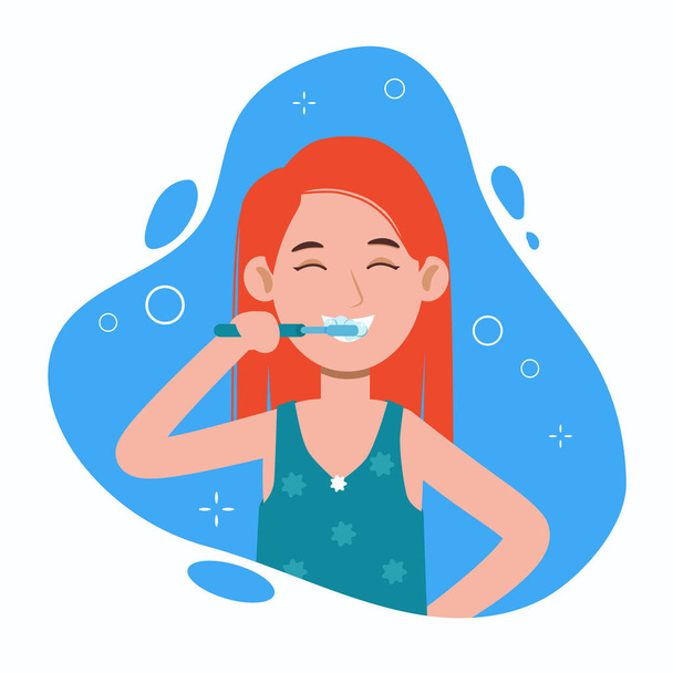 Banyoda dişlerini fırçalayan genç bir kadın. Ağız temizliği, diş sağlığı. Vektör düz çizgi film karakteri çizimi - Vektör, Görsel