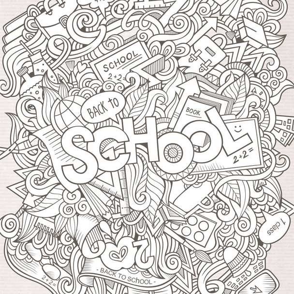 Desenhos animados esboçado à mão Doodle sobre o tema da educação. Desenho de fundo com letras de mão da escola, objetos e símbolos. Ilustração vetorial
. - Vetor, Imagem
