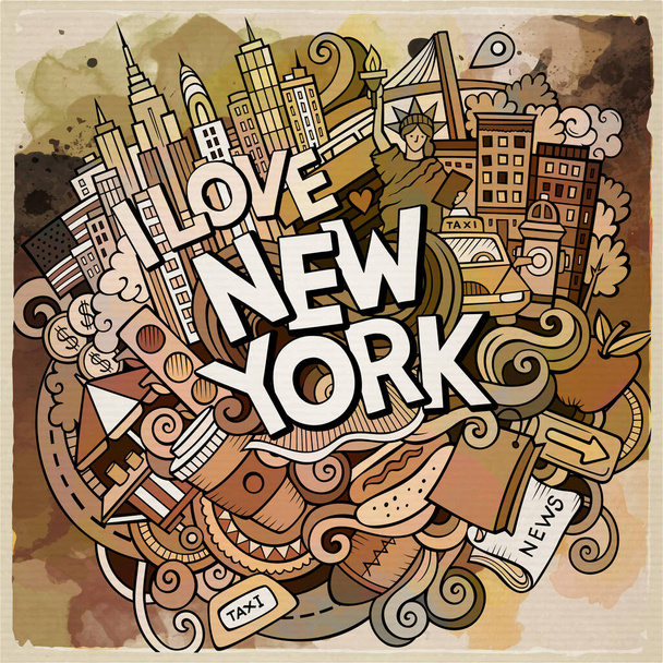 Cartoon cute bazgroły ręcznie narysowane New York napis. Ilustracja akwarela z amerykańskich przedmiotów tematycznych. Szczegółowy, z wieloma obiektami tła. Zabawna grafika wektorowa - Wektor, obraz