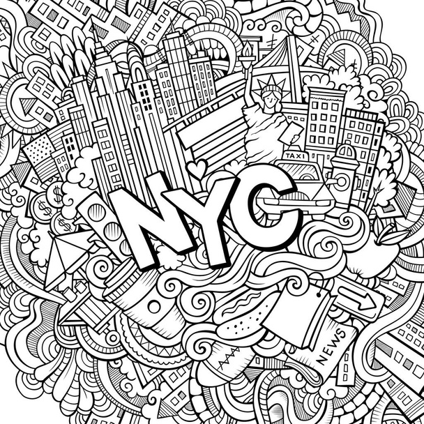 Sarjakuva söpö doodles käsin piirretty New York ääriviivat kuvitus. Line taidetta yksityiskohtaisesti, jossa on paljon esineitä tausta. Hauska vektori taideteos - Vektori, kuva