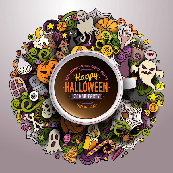 手描きのコーヒーカップとベクトルイラストソーサー、紙、背景にハロウィンのドッドル - ベクター画像