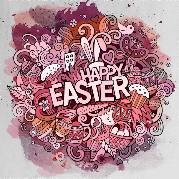 Cartoon vector hand drawn Doodle Happy Easter illustration. Watercolor detailed background with objects and symbols. All objects are separated - Vector, afbeelding