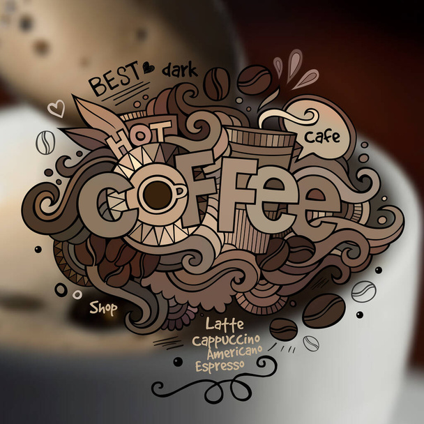 Caffè mano lettering e scarabocchi elementi su sfondo sfocato - Vettoriali, immagini