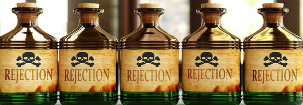 Ablehnung kann wie ein tödliches Gift sein - dargestellt als Wort Ablehnung auf giftigen Flaschen, um zu symbolisieren, dass Ablehnung ungesund für Körper und Geist sein kann, 3d Illustration - Foto, Bild