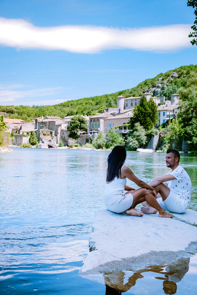 couple on vacation in Ardeche France, view of the village of Vogue in Ardeche. France - Photo, Image