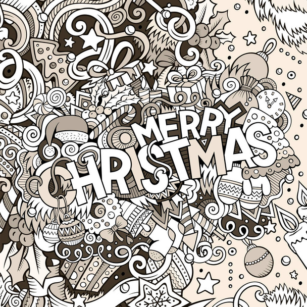 Κινούμενα σχέδια χαριτωμένο κανίς χέρι επέστησε Καλά Χριστούγεννα εικονογράφηση. Εικόνα με θέματα της Πρωτοχρονιάς. Doodle επιγραφή 2017. Γραμμή τέχνη λεπτομερή, με πολλά αντικείμενα φόντο. Αστεία διανυσματικά έργα. - Διάνυσμα, εικόνα