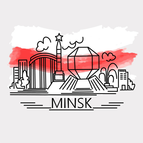 Line art Minsk vektori punainen valkoinen historiallinen lippu. Pääkaupungin huokausten juliste. Hahmotella suunnittelu rakennuksia, monumentteja, nähtävyyksiä. Kaupungin maisema postikortti, lippu. Pysy loitolla, ralli, iske symboli - Vektori, kuva
