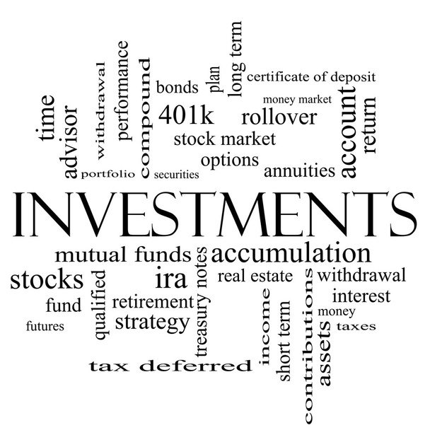 Investments Word Cloud Concept in black and white - Photo, Image