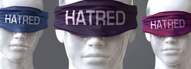 Nienawiść może zaślepić nasze poglądy i ograniczać perspektywę - wyobrażone jako słowo Nienawiść na oczach symbolizujące, że nienawiść może zniekształcić postrzeganie świata, ilustracja 3D - Zdjęcie, obraz