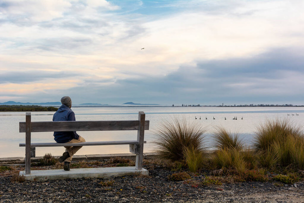Menino sentado de costas em um banco de madeira observando os patos na água - Foto, Imagem