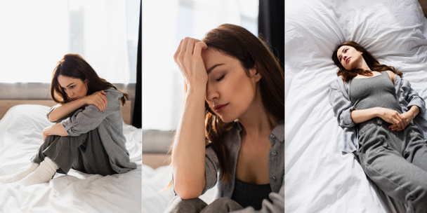 collage of depressed brunette woman with closed eyes touching face, sitting and lying on bed at home - Photo, Image