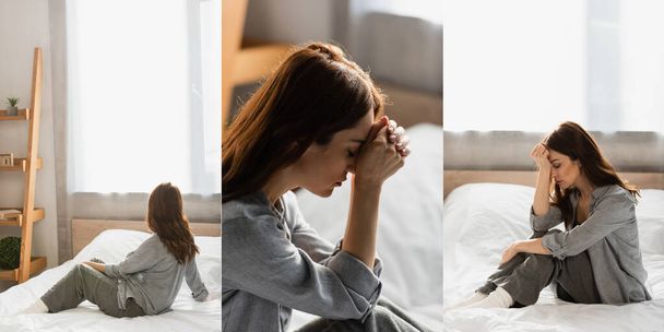 colagem de mulher morena deprimida com olhos fechados tocando a cabeça e sentada na cama no quarto  - Foto, Imagem