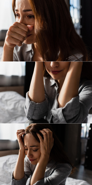 collage of upset and brunette woman touching hair and face while crying at home - Foto, Bild