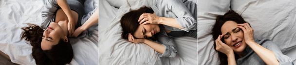 collage de mujer morena teniendo migraña, sufriendo de dolor, tocando la cabeza y acostada en la cama - Foto, imagen