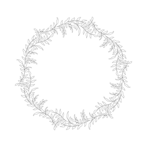 Floral wreath line art for retro sketch greeting card. Summer banner in vintage style. Vector botanical illustration, simple contour design template. - Wektor, obraz