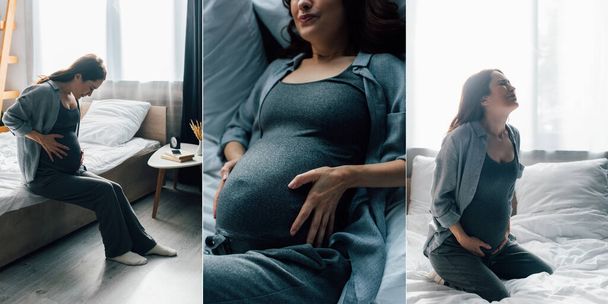 collage of pregnant woman suffering from pain on bed  - 写真・画像