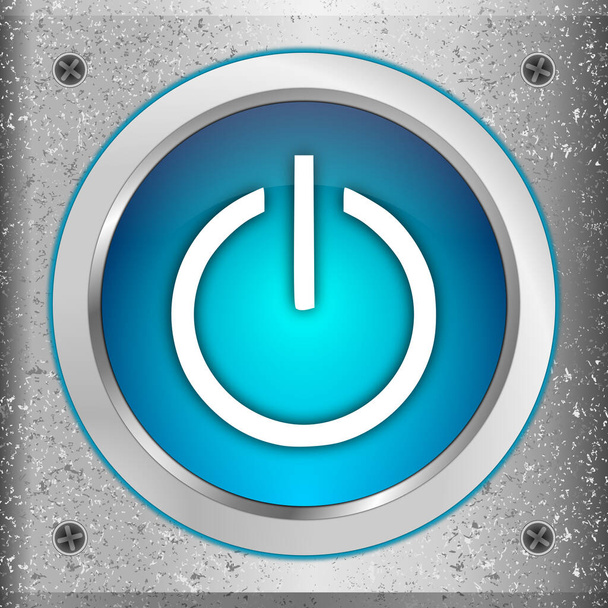 blauwe Power Button op een metalen plaat - 3D illustratie - Foto, afbeelding