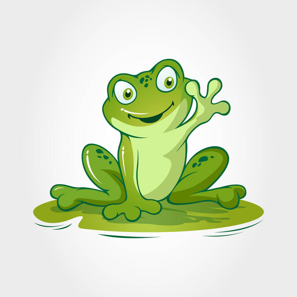 Caractère de dessin animé vectoriel grenouille. C'est un animal de dessin animé grenouille assis sur le congé de lotus, il ressemble à dit "salut..." - Vecteur, image