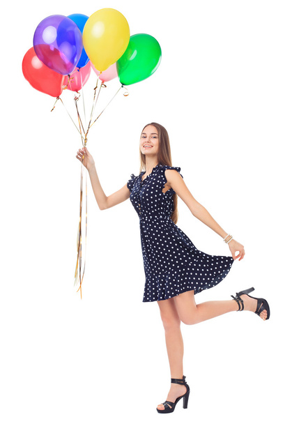 Beautiful woman with colorful balloons - Фото, изображение
