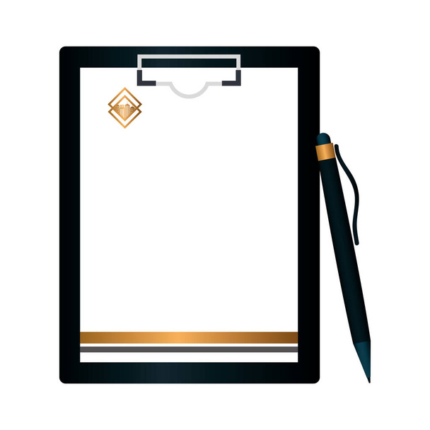 mockup schránka černá a dokument, pero, se zlatým znakem, firemní identita - Vektor, obrázek