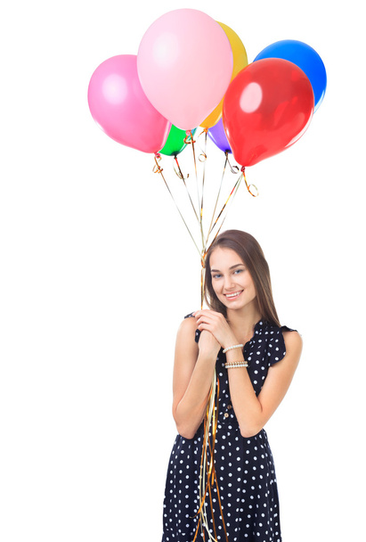 Beautiful woman with colorful balloons - Fotoğraf, Görsel
