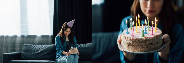 collage of frustrated woman in party cap sitting on sofa and holding birthday cake with candles  - Fotografie, Obrázek
