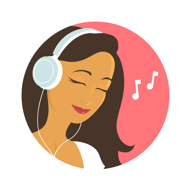Une fille aux yeux fermés écoute avec plaisir de la musique sur écouteurs. Illustration vectorielle ronde. - Vecteur, image