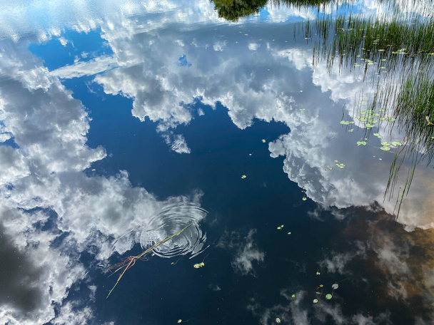Τα σύννεφα στον ουρανό αντανακλούν σε μια ήρεμη ειρηνική λίμνη σε μια όμορφη καλοκαιρινή μέρα. - Φωτογραφία, εικόνα