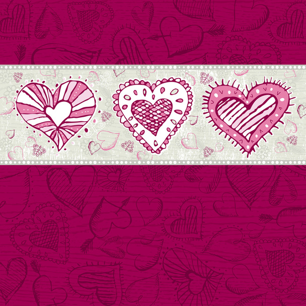 grunge wooden background with hand draw hearts - Vecteur, image