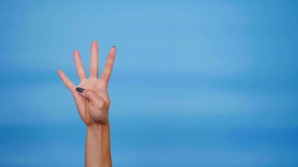 Die weibliche Hand zeigt fünf, vier, drei, zwei, einen, null Finger, Handfläche. Zeitlupe - Filmmaterial, Video