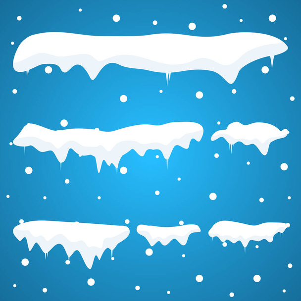 Lumipalloja ja lumi ajelehtii talven koristelu vektori asetettu. Lumikorkit kokoelma kuva eristetty sinisellä pohjalla. Joulu luminen elementtejä. - Vektori, kuva