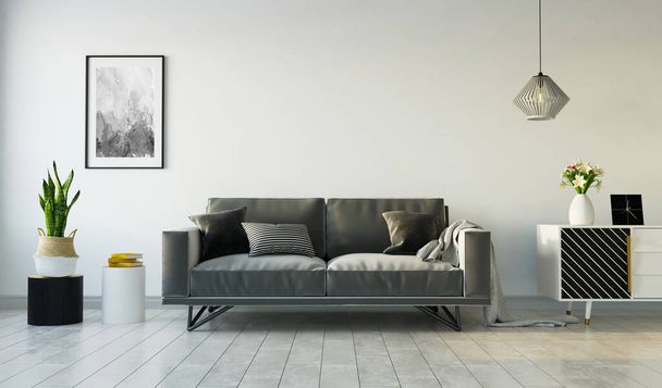  Інтер'єр вітальні з сірим диваном і сервантом на сірій стіні, 3d візуалізація
 - Фото, зображення
