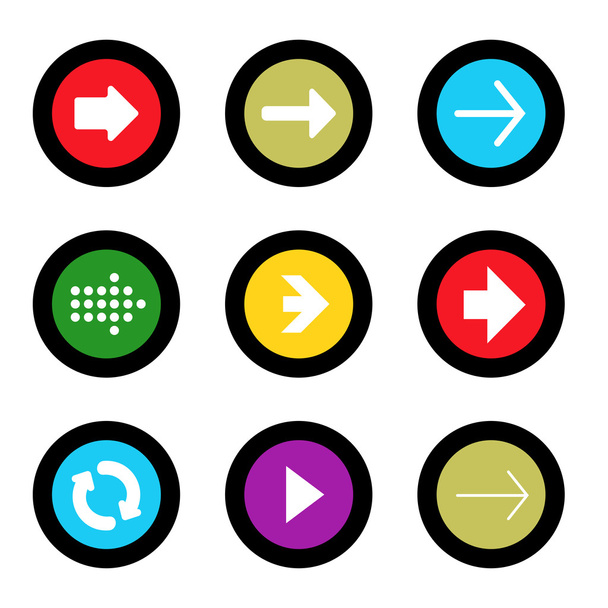 Pfeil-Zeichen-Symbol in Kreisform Internet-Taste auf schwarzem Hintergrund eingestellt. eps10 Vektor Illustration Webelemente - Vektor, Bild