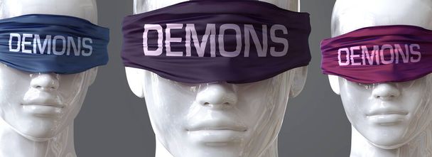 Démoni mohou oslepit naše názory a omezit perspektivu - zobrazeno jako slovo Démoni na očích symbolizující, že Démoni mohou zkreslit vnímání světa, 3D ilustrace - Fotografie, Obrázek