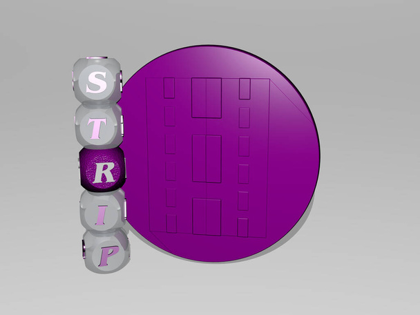 Representación 3D de STRIP con icono en la pared y texto dispuesto por letras cúbicas metálicas en un piso espejo para el significado del concepto y presentación de diapositivas para el fondo y la ilustración - Foto, Imagen