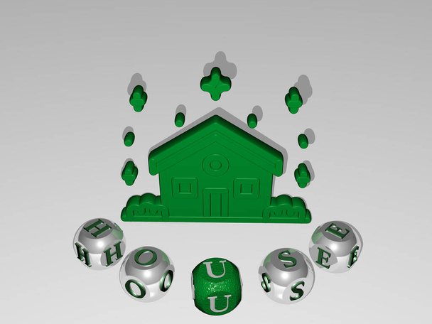 HOUSE kerek szöveg köbbetűk körül 3D ikon - 3D illusztráció az épület és az építészet - Fotó, kép