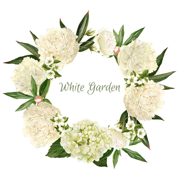 Lush white peonies wreath, hand drawn vector watercolor - Vetor, Imagem